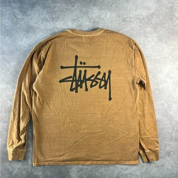 Stussy Basic Pigment Dyed Long-Sleeve Tee 'Almond' L Size - Picture 2 of 3